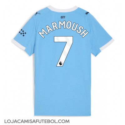 Camisa de Futebol Manchester City Omar Marmoush #7 Equipamento Principal Mulheres 2025-26 Manga Curta Camisa de Futebol Manchester City Omar Marmoush #7 Equipamento Principal Mulheres 2025-26 Manga Curta